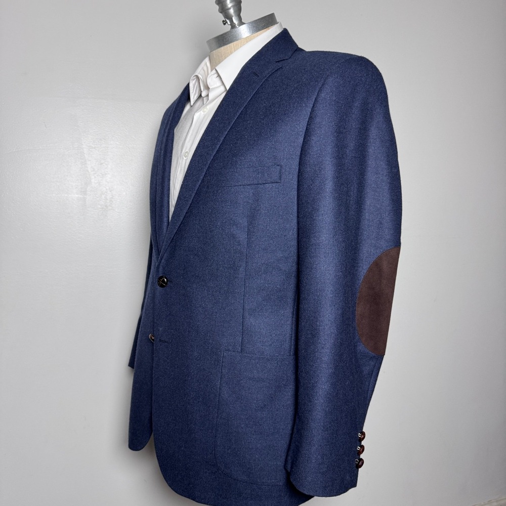 Tom James Blazer Mens 44R Blue Solid Elbow‎ Patches Wool Sport Coat